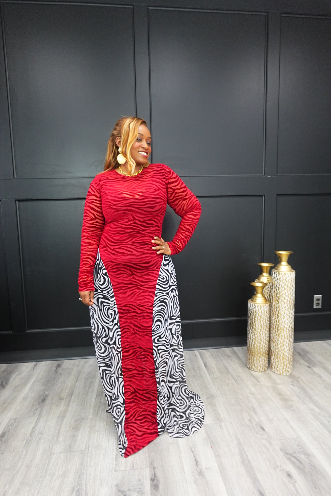 Red Mesh and Velvet Hour Glass Dress