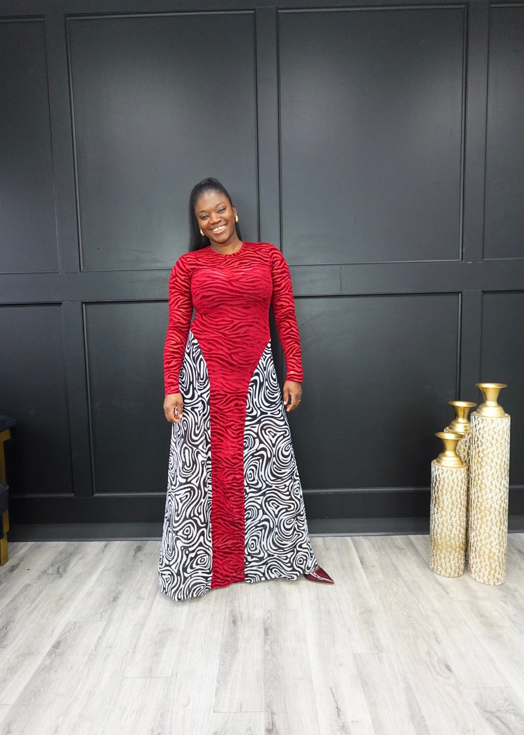 Red Mesh and Velvet Hour Glass Dress